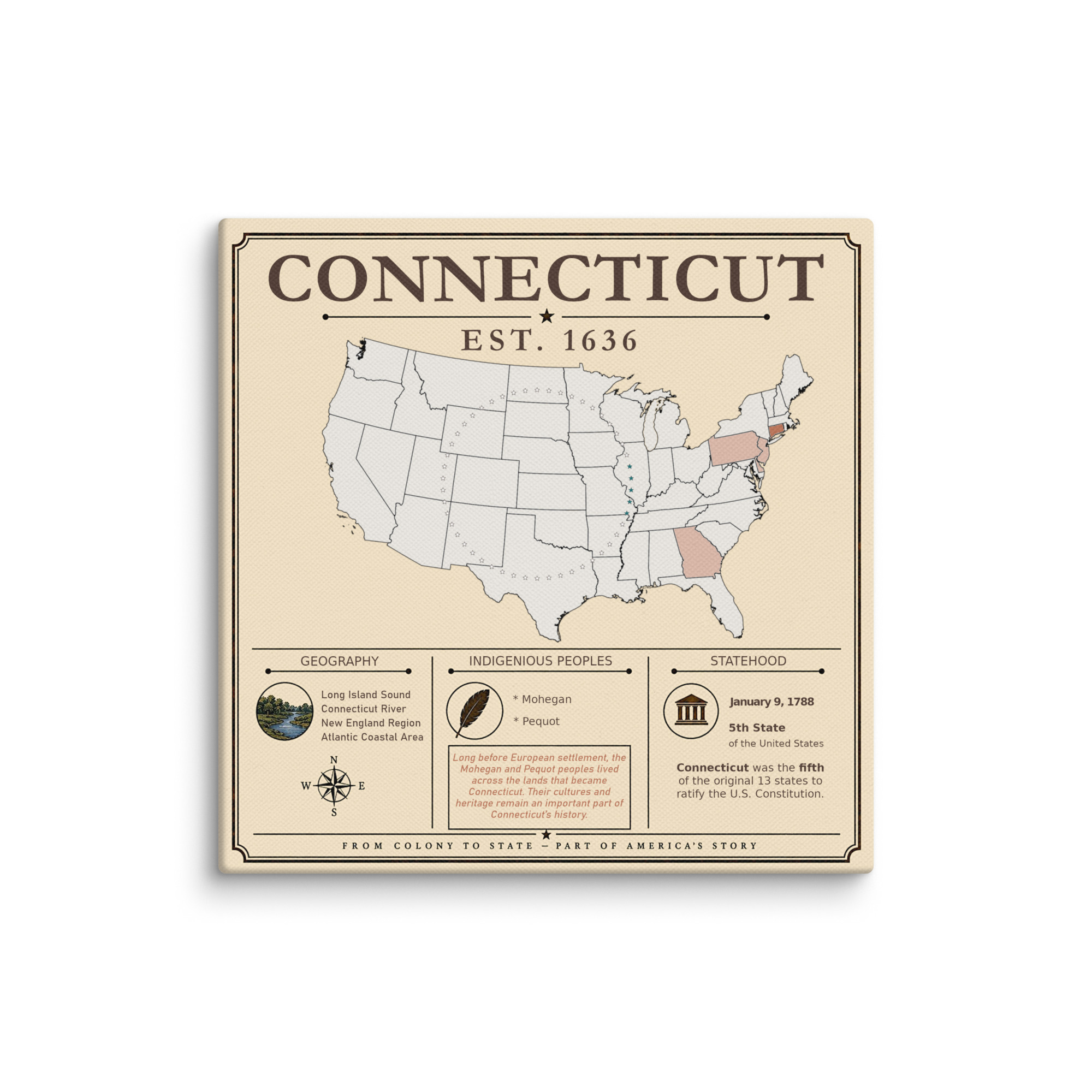 Connecticut – 5. Bundesstaat der USA | Historisches Keilrahmenbild