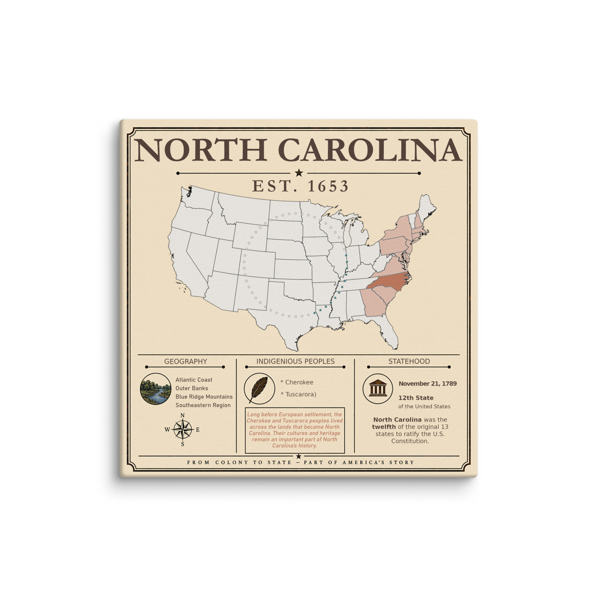 North Carolina – 12. Bundesstaat der USA | Historisches Keilrahmenbild
